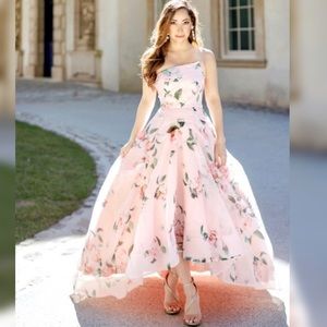 Pink floral formal gown by Bariano